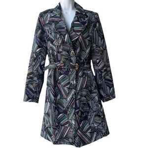 DURO OLOWU Belted Trench Coat Jacket Geometric Abstract Prints Black Size S